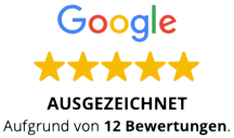 Google Fünf Sterne Bewertung Logo Text: Ausgezeichnet aufgrund von 12 Bewertungen
